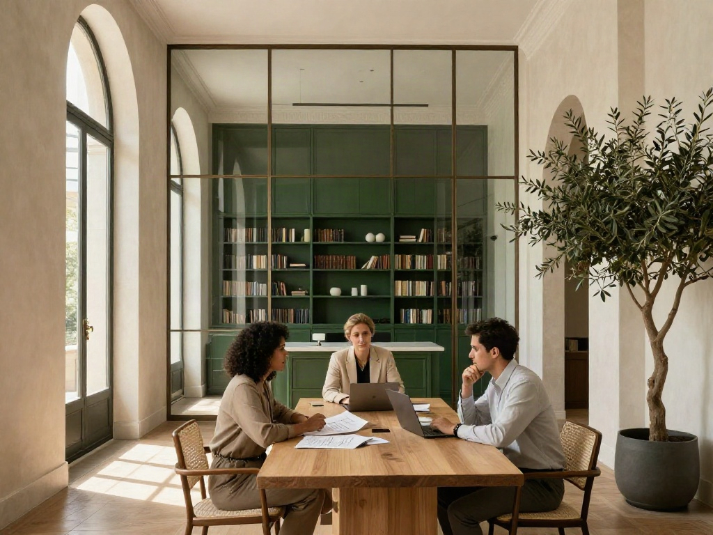 A team of business strategists collaborating in a sunlit Portuguese office
